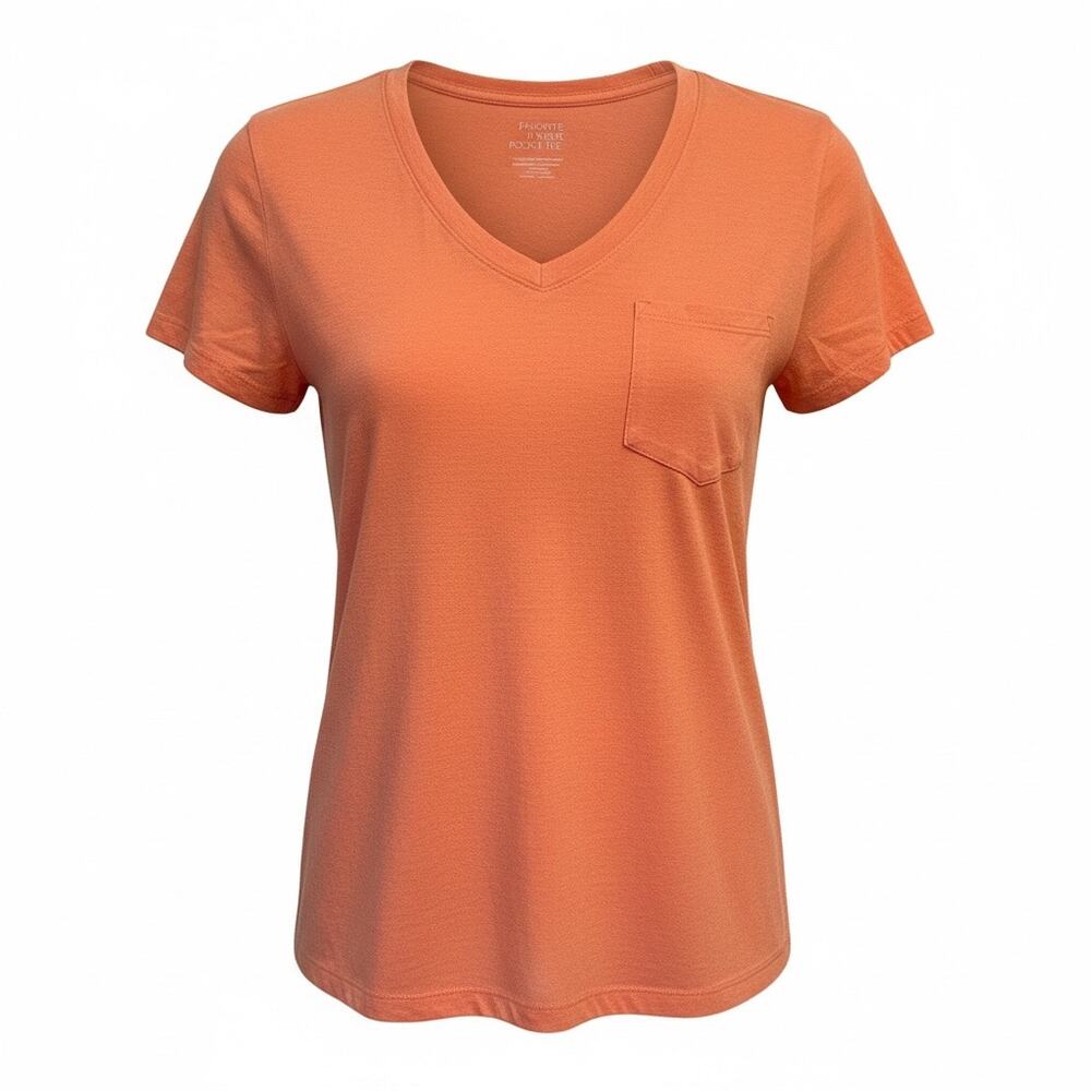 SO Favorite V-Neck Pocket Tee Coral Pink Orange Small Vintage Y2K Boho Soft Top